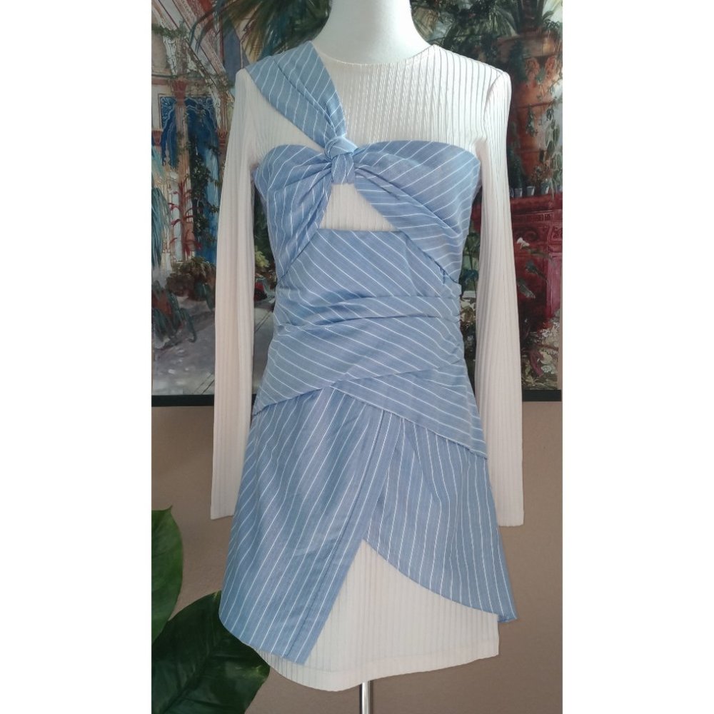 Thakoon Cream Ribbed Long-Sleeve Dress with Blue Pinstripe Wrap - Picture 3 of 6